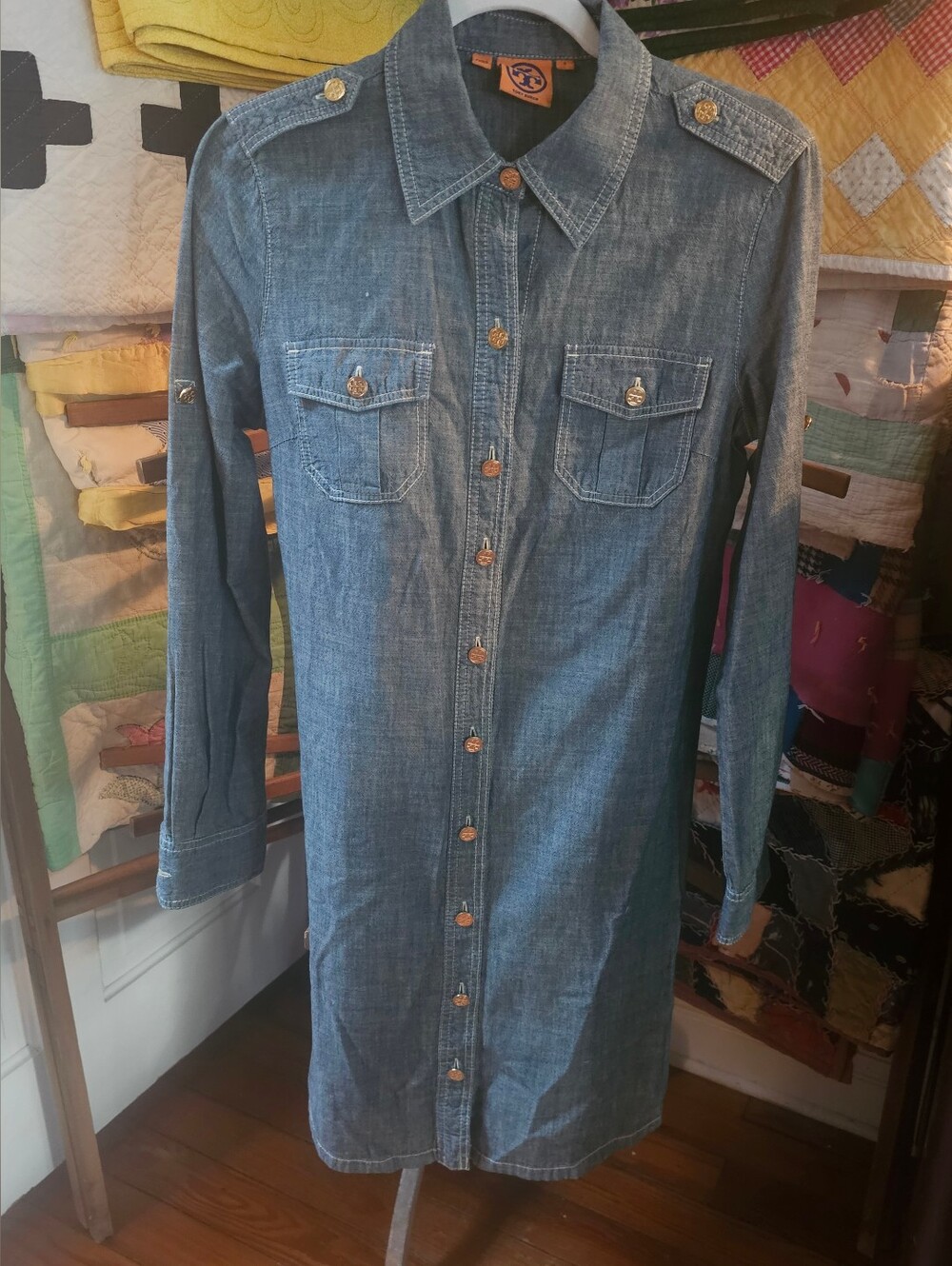 Tory Burch Brigitte Shirt DressLight Blue Chambray Denim Roll Tab Cuff Shirt